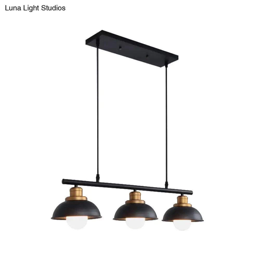 Black decorbites™ industrial style ceiling light fixture with three dome-shaped metallic shades and brass accents