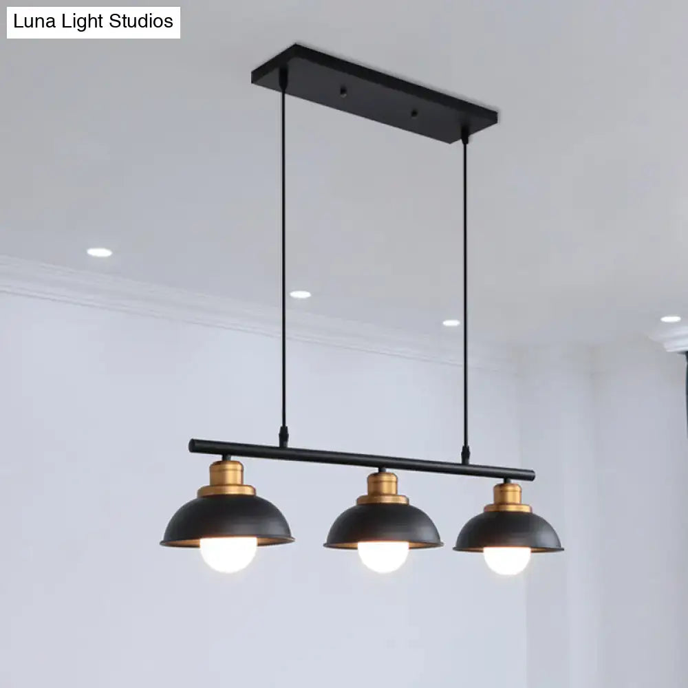 Decorbites industrial style ceiling light fixture with three black dome shades and brass accents for kitchen island use