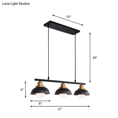 Decorbites™ industrial style ceiling light fixture with three black dome shades and brass accents for kitchen island