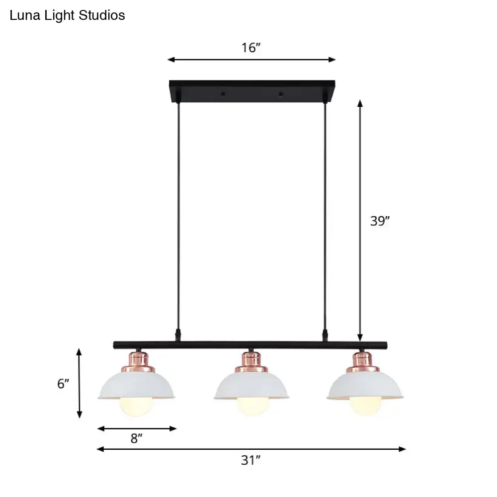 DecorBites industrial style ceiling light fixture with black metal frame, three white glass shades, and rose gold accents