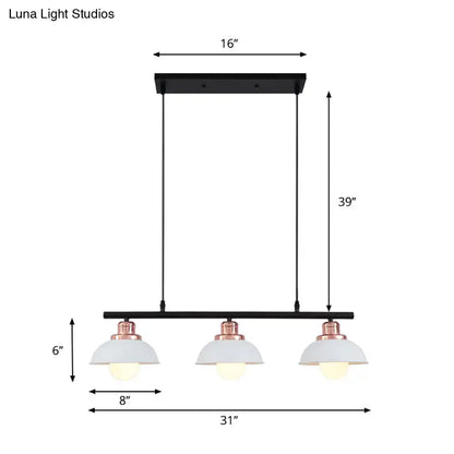 DecorBites industrial style ceiling light fixture with black metal frame, three white glass shades, and rose gold accents