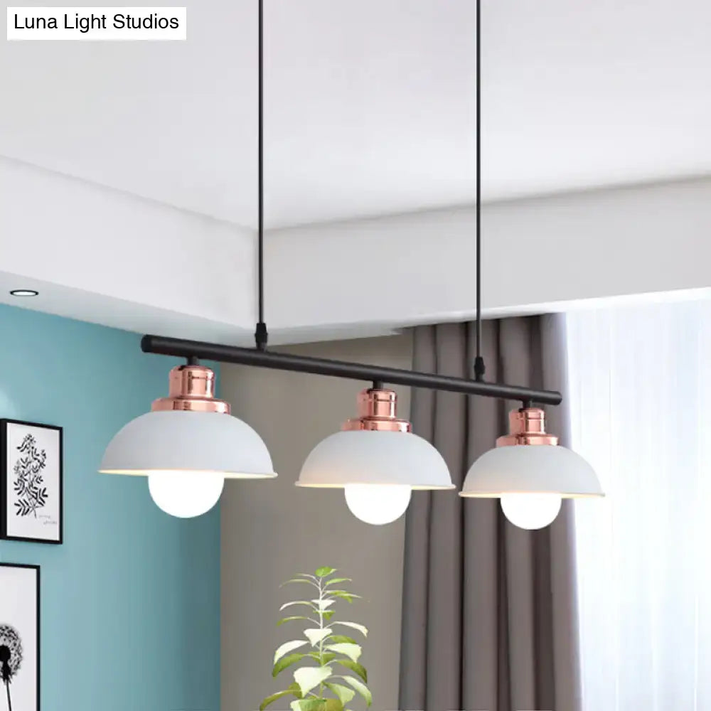 Modern DecorBites™ industrial style ceiling light fixture with three matte white ceramic shades and rose gold accents