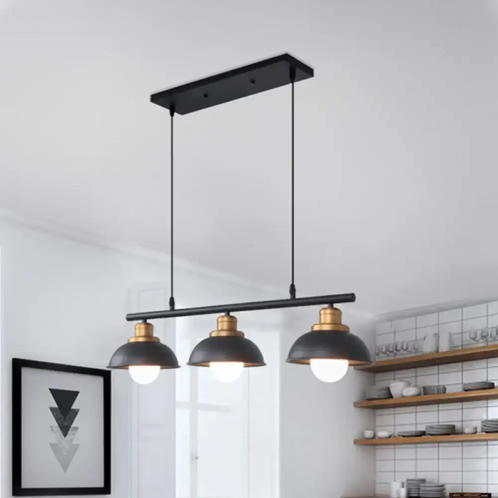 Decorbites industrial style ceiling light fixture with three black and brass dome-shaped metallic shades