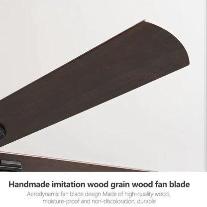 Industrial style black ceiling fan with remote control featuring dark brown handmade imitation wood grain fan blade