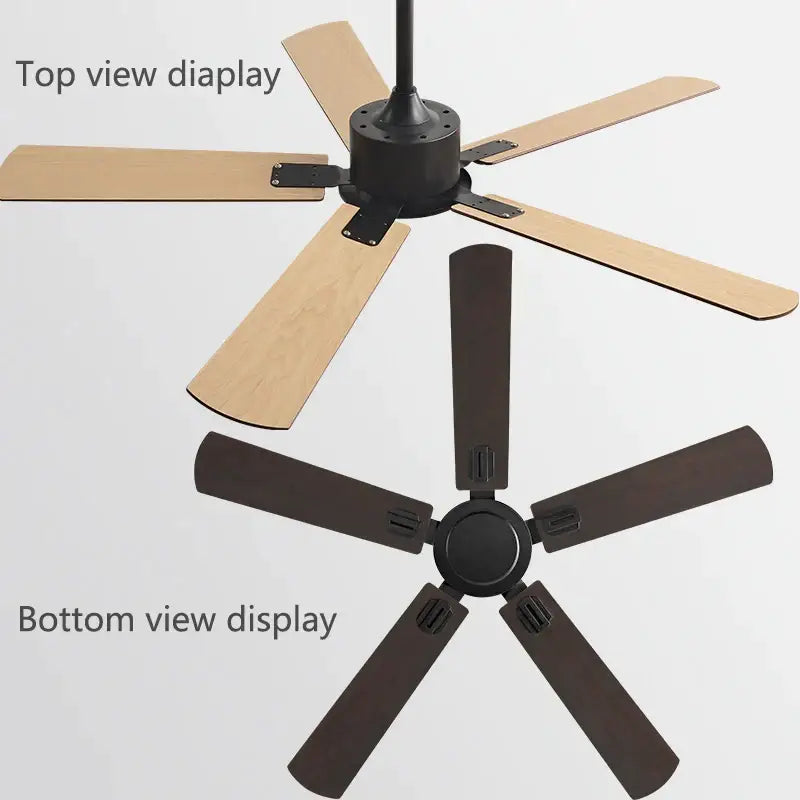 Industrial style black ceiling fan with remote control featuring light and dark wooden blades for living room use