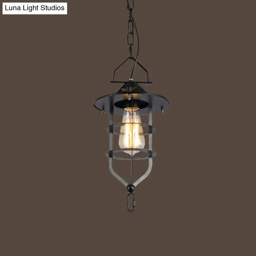 Industrial-Style Black Iron Pendant Lamp for Restaurants: 1-Light Bowl/Cage/Barn Design