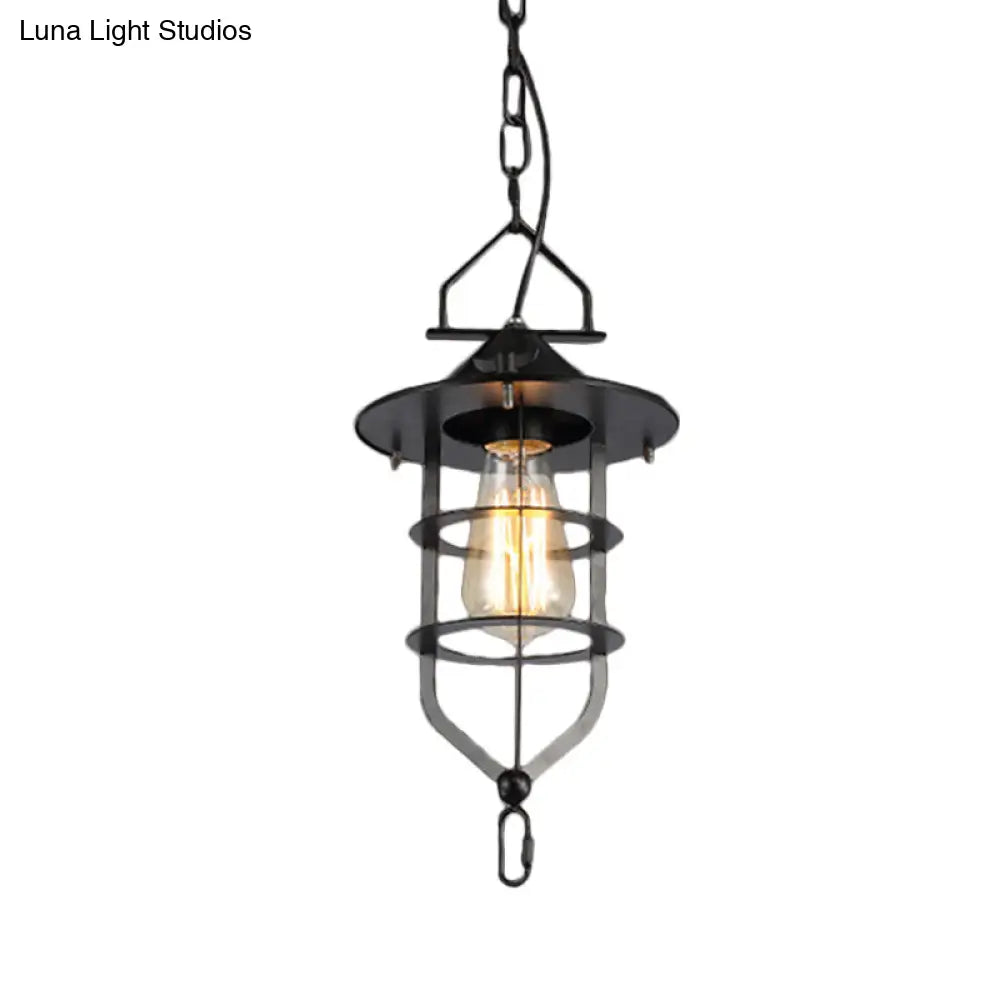 Industrial-Style Black Iron Pendant Lamp for Restaurants: 1-Light Bowl/Cage/Barn Design