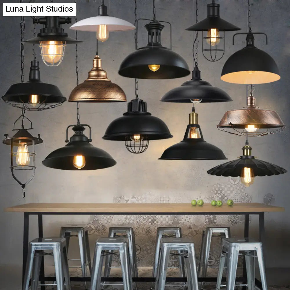 Industrial-Style Black Iron Pendant Lamp for Restaurants: 1-Light Bowl/Cage/Barn Design