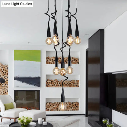 Industrial Style Black Iron Pendant Lamp with Cascading Open Bulb Design - 3 to 10 Heads