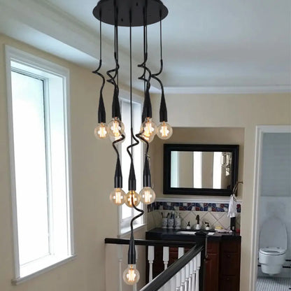 Industrial Style Black Iron Pendant Lamp with Cascading Open Bulb Design - 3 to 10 Heads