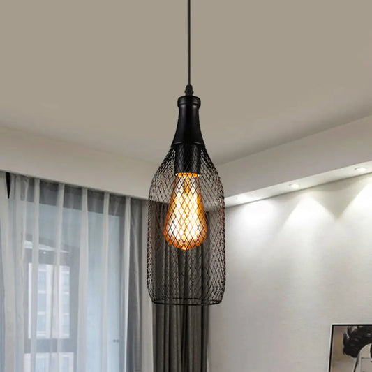 Industrial Style Black Iron Pendant Lamp with Mesh Bottle Design