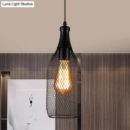 Industrial Style Black Iron Pendant Lamp with Mesh Bottle Design