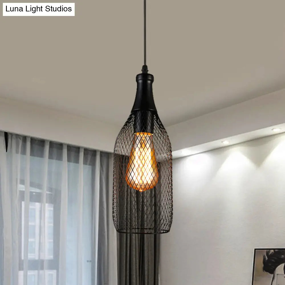 Industrial Style Black Iron Pendant Lamp with Mesh Bottle Design