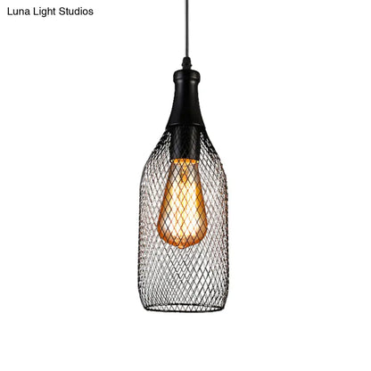 Industrial Style Black Iron Pendant Lamp with Mesh Bottle Design