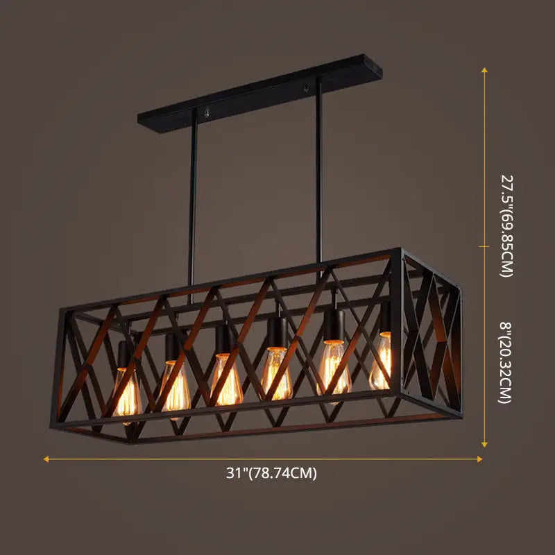 Industrial style black ironwork rectangular island light chandelier with five exposed edison bulbs for kitchen