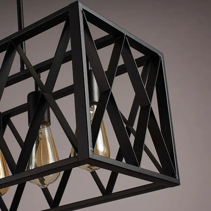 Industrial style black ironwork rectangular island pendant light with exposed filament bulbs for kitchen use