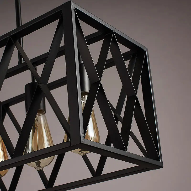Industrial style black ironwork rectangular island pendant light with exposed filament bulbs for kitchen use