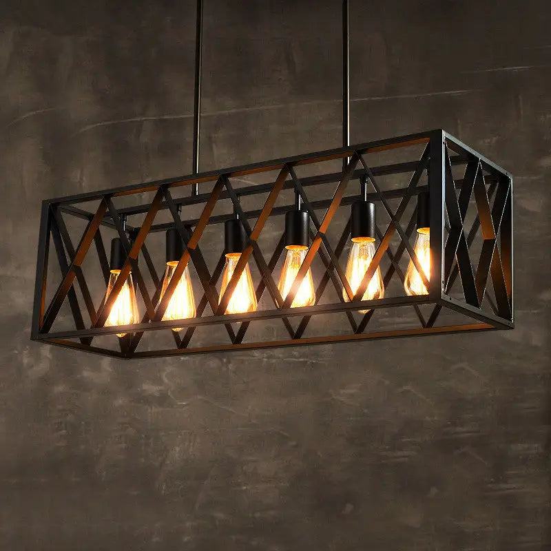Industrial style black ironwork rectangular island light with diagonal cross-bracing and five glowing edison bulbs