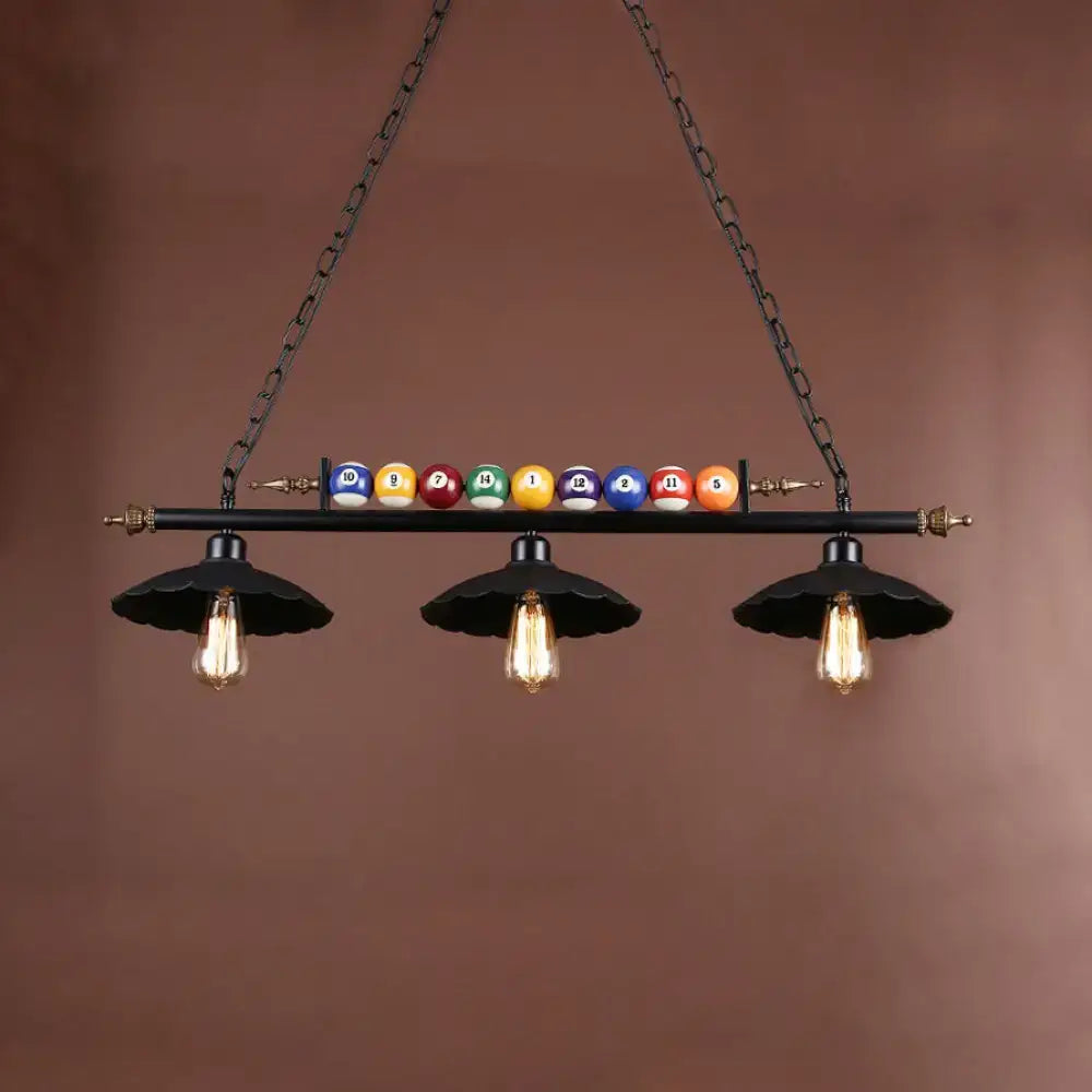 Decorbites™ industrial style black metal billiard light with scalloped shade and colorful billiard balls on top