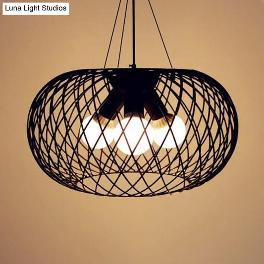 Industrial Style Black Metal Chandelier with Mesh Cage, 3 Heads, Drum Shade - Hanging Lamp
