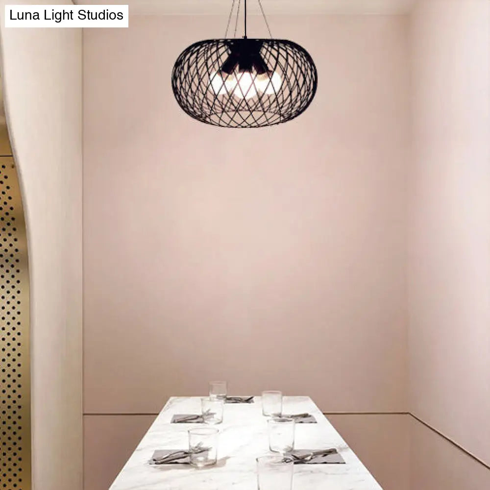 Industrial Style Black Metal Chandelier with Mesh Cage, 3 Heads, Drum Shade - Hanging Lamp