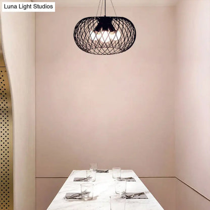 Industrial Style Black Metal Chandelier with Mesh Cage, 3 Heads, Drum Shade - Hanging Lamp