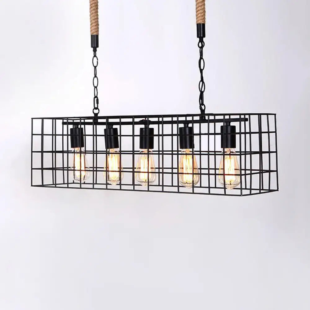 DecorBites™ Industrial Style Black Metal Hanging Lamp with Rectangle Cage Shade - Ideal for Bars - Set of 5 Bulbs