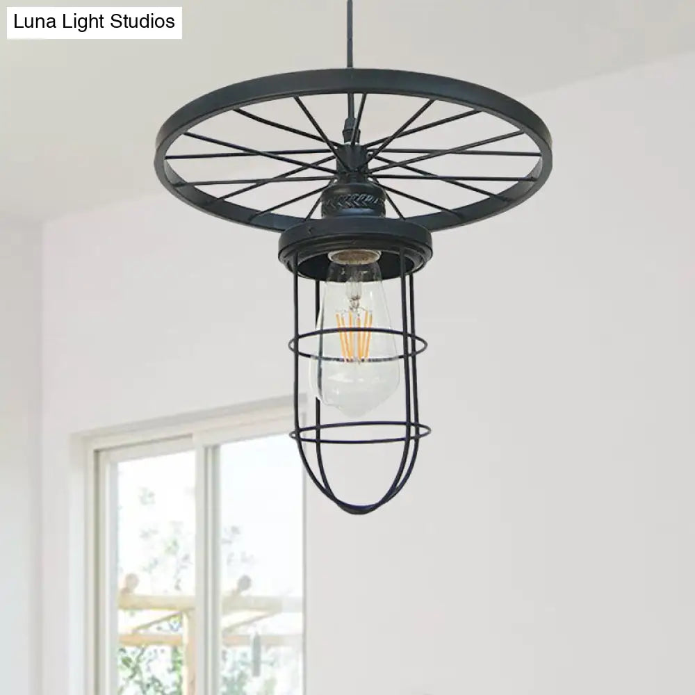 Industrial-Style Black Metal Wire Cage Ceiling Fixture Pendant Light with Wheel Deco - Dining Room and More!