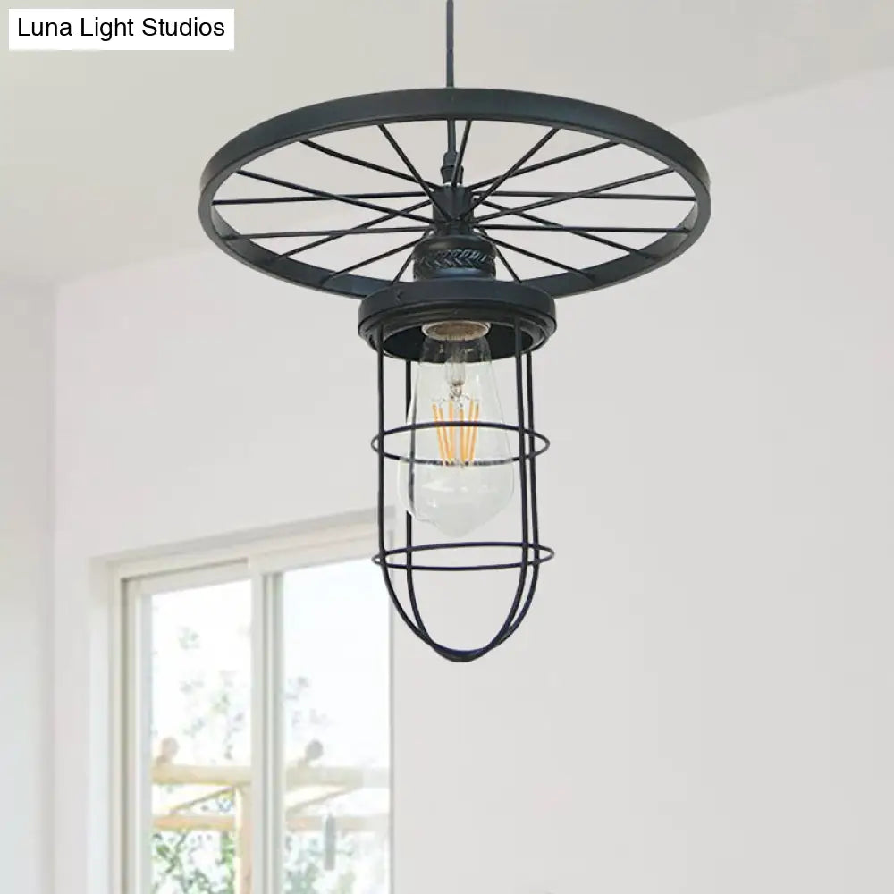 Industrial-Style Black Metal Wire Cage Ceiling Fixture Pendant Light with Wheel Deco - Dining Room and More!