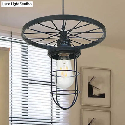 Industrial-Style Black Metal Wire Cage Ceiling Fixture Pendant Light with Wheel Deco - Dining Room and More!