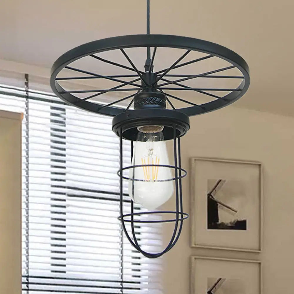 Industrial-Style Black Metal Wire Cage Ceiling Fixture Pendant Light with Wheel Deco - Dining Room and More!