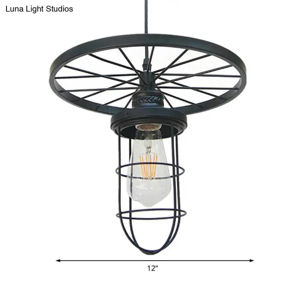 Industrial-Style Black Metal Wire Cage Ceiling Fixture Pendant Light with Wheel Deco - Dining Room and More!