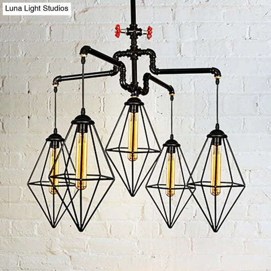 Industrial Style Black Metallic Chandelier with 5-Light Diamond Cage Shade