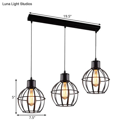 Industrial Style Black Pendant Light with 3 Bulbs, Wire Globe Shade - Ideal for Dining Room