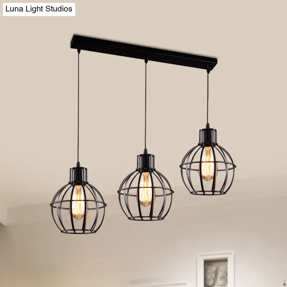 Industrial Style Black Pendant Light with 3 Bulbs, Wire Globe Shade - Ideal for Dining Room