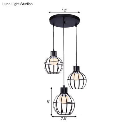 Industrial Style Black Pendant Light with 3 Bulbs, Wire Globe Shade - Ideal for Dining Room