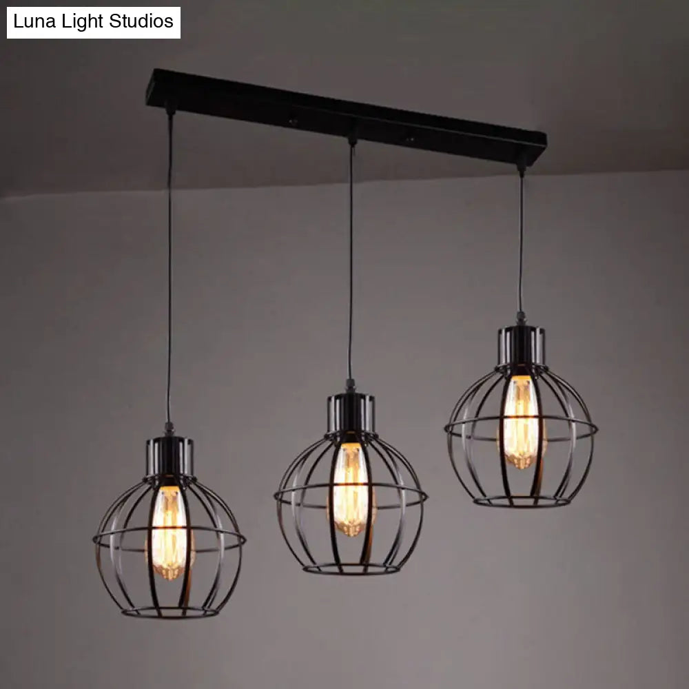 Industrial Style Black Pendant Light with 3 Bulbs, Wire Globe Shade - Ideal for Dining Room