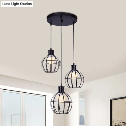 Industrial Style Black Pendant Light with 3 Bulbs, Wire Globe Shade - Ideal for Dining Room