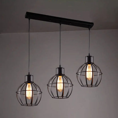 Industrial Style Black Pendant Light with 3 Bulbs, Wire Globe Shade - Ideal for Dining Room