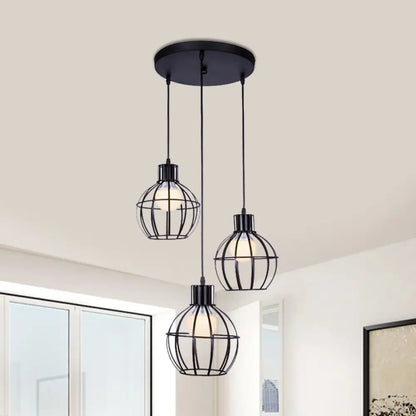 Industrial Style Black Pendant Light with 3 Bulbs, Wire Globe Shade - Ideal for Dining Room