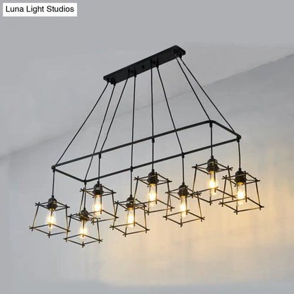 DecorBites™ Industrial Style Black/Red Metal Island Pendant Light with 8 Bulbs & Squared Cage Shade