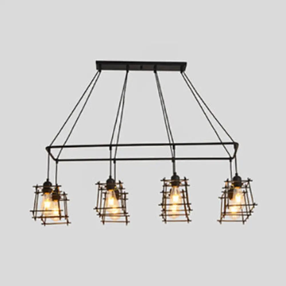 DecorBites™ Industrial Style Black/Red Metal Island Pendant Light with 8 Bulbs & Squared Cage Shade