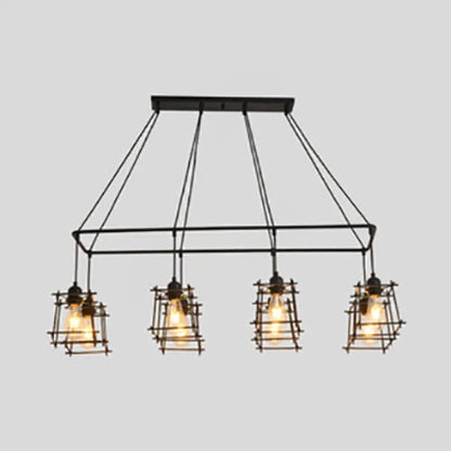 DecorBites™ Industrial Style Black/Red Metal Island Pendant Light with 8 Bulbs & Squared Cage Shade