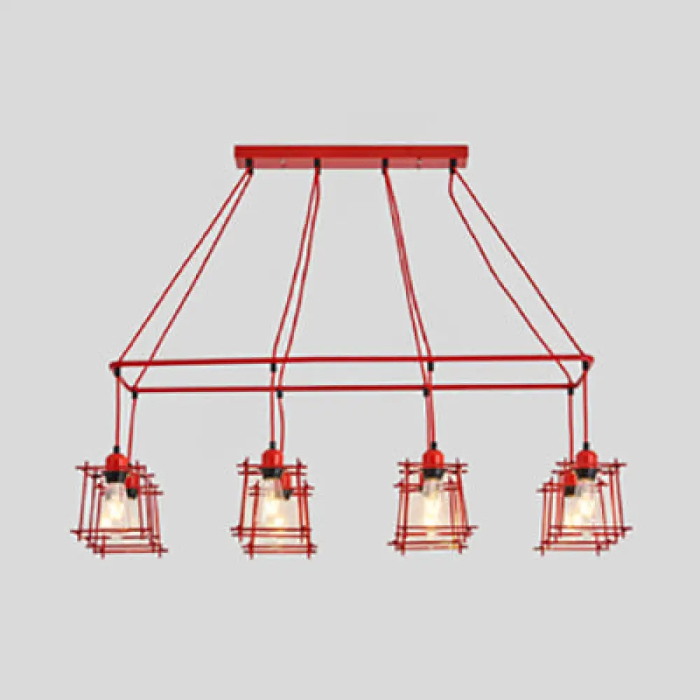 DecorBites™ Industrial Style Black/Red Metal Island Pendant Light with 8 Bulbs & Squared Cage Shade