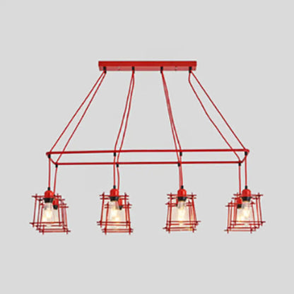 DecorBites™ Industrial Style Black/Red Metal Island Pendant Light with 8 Bulbs & Squared Cage Shade