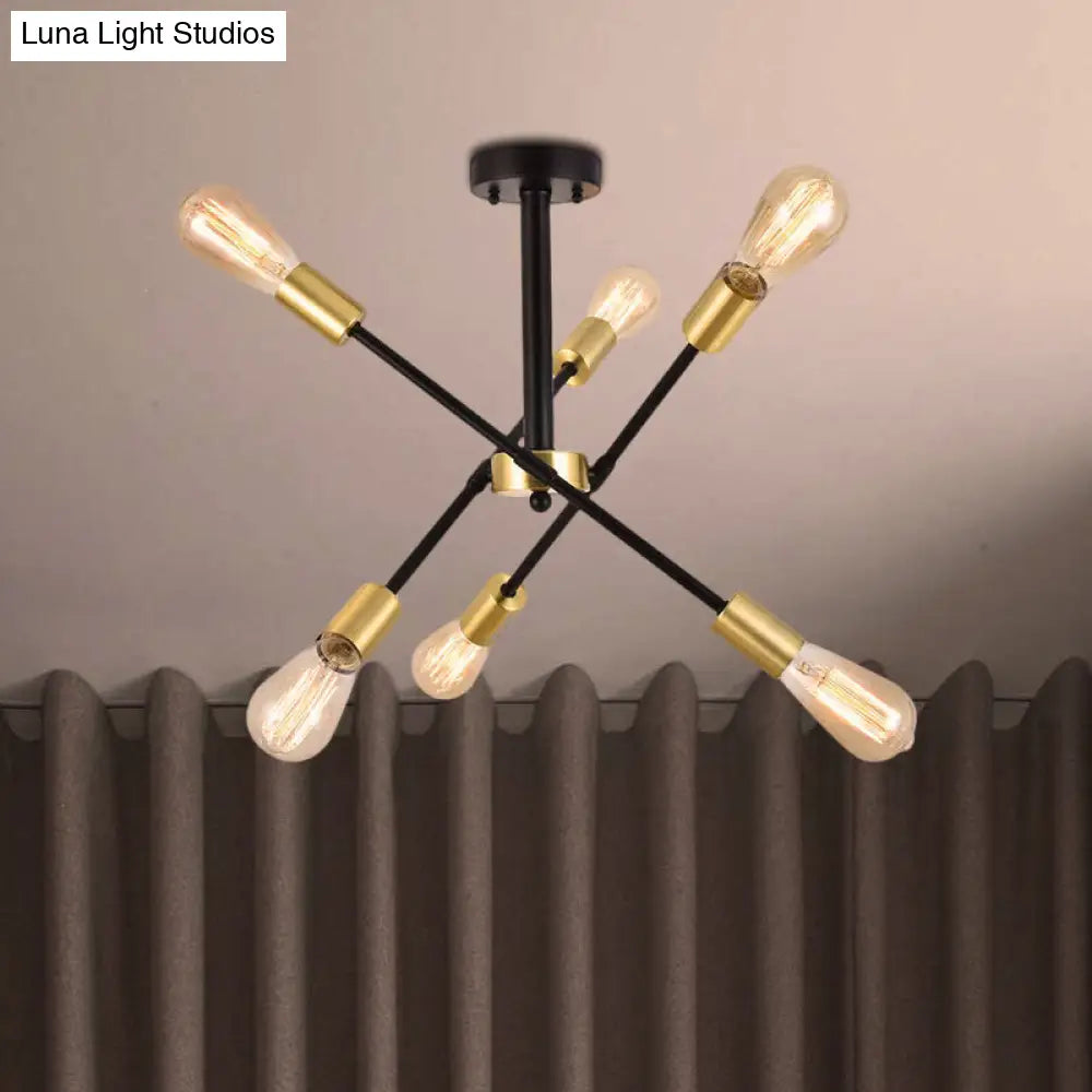 Industrial Style Black Starburst Iron Chandelier Pendant Light with 6 Open Bulb Heads