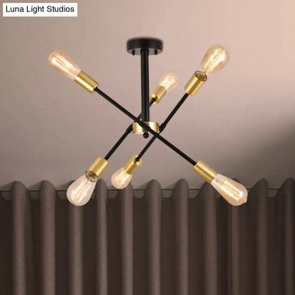 Industrial Style Black Starburst Iron Chandelier Pendant Light with 6 Open Bulb Heads