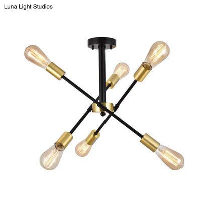 Industrial Style Black Starburst Iron Chandelier Pendant Light with 6 Open Bulb Heads