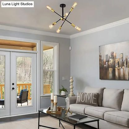 Industrial Style Black Starburst Iron Chandelier Pendant Light with 6 Open Bulb Heads