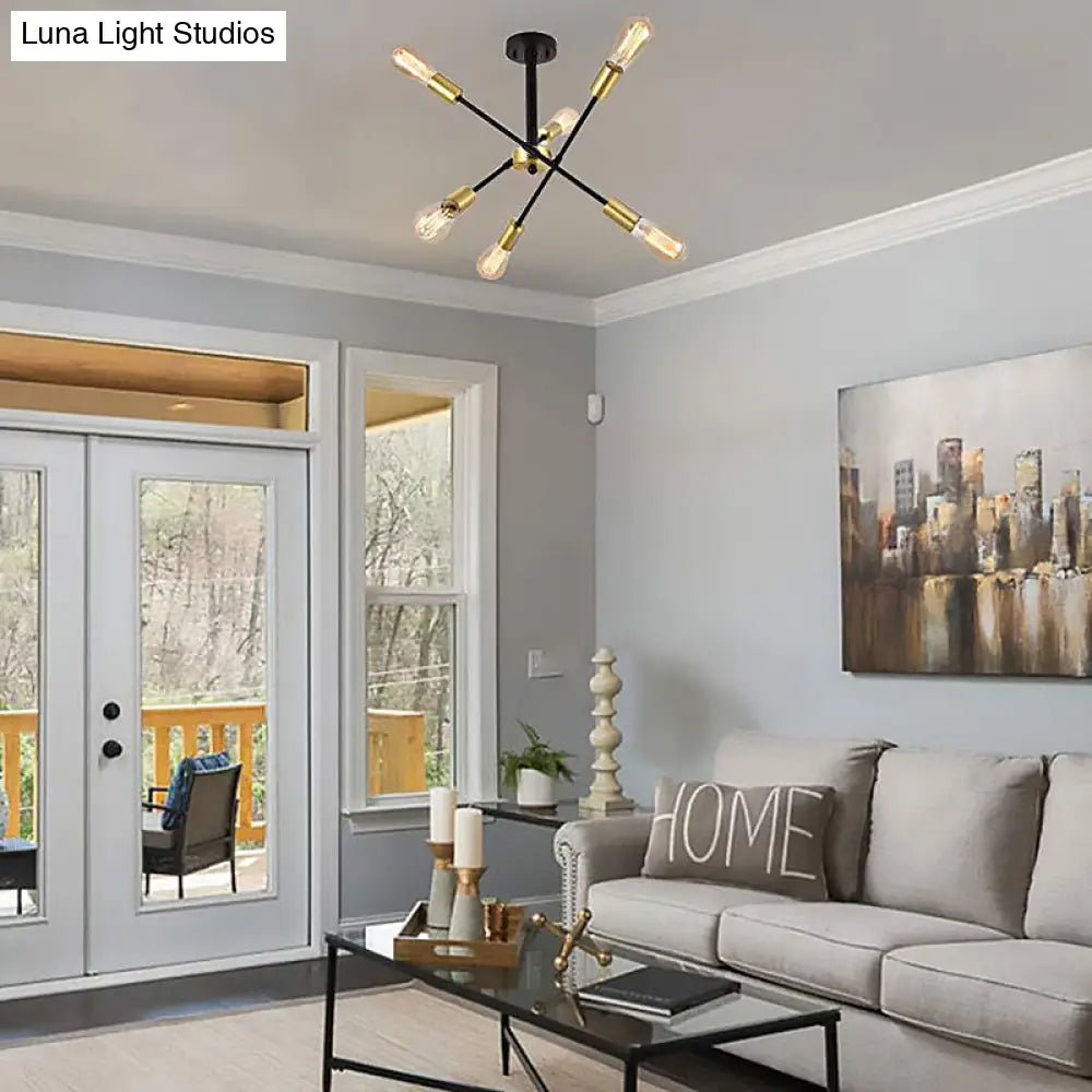 Industrial Style Black Starburst Iron Chandelier Pendant Light with 6 Open Bulb Heads